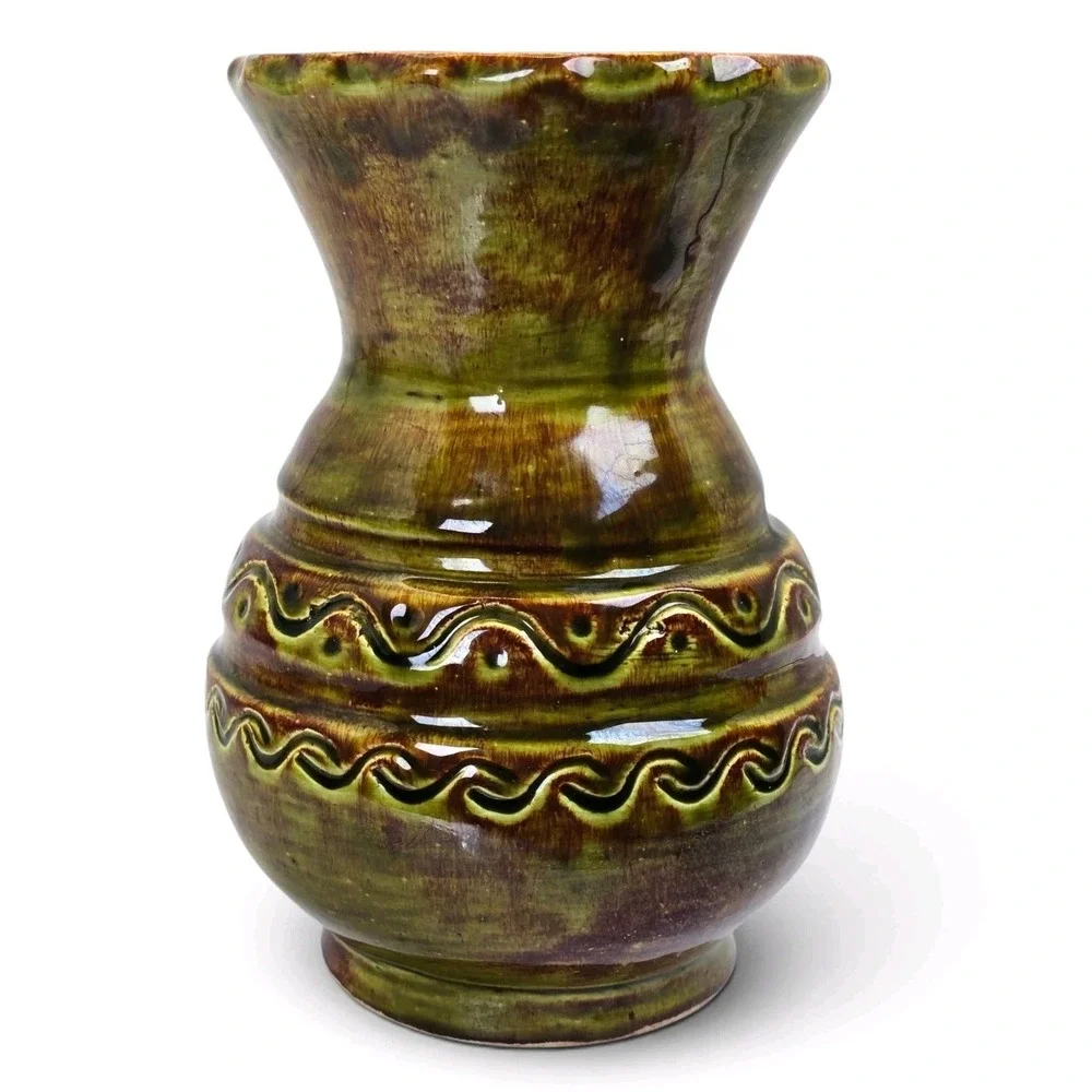 Signed Studio Pottery Vase Olive Green Brown Glaze Incised Design 6.75